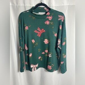 Sweet Longjohns Vintage Floral Bow Print Green Top Size S Mock Neck Pullover
